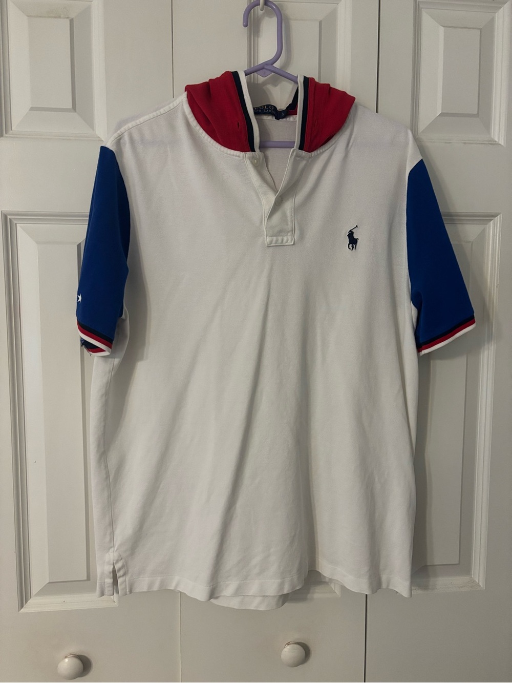 Polo Ralph Lauren White Hooded Polo with Blue Sleeves & Red Hood